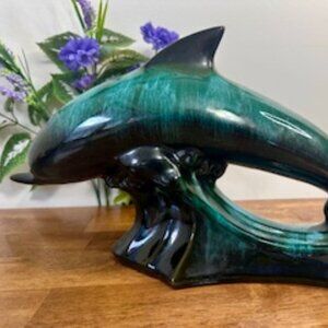 Blue Mountain Pottery Dolphin Figurine Green Drip Glaze Canadian Vintage Decor